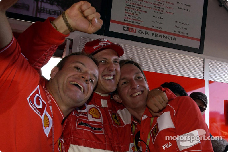 Rubens Barrichello, Michael Schumacher and Luciano Burti celebrating