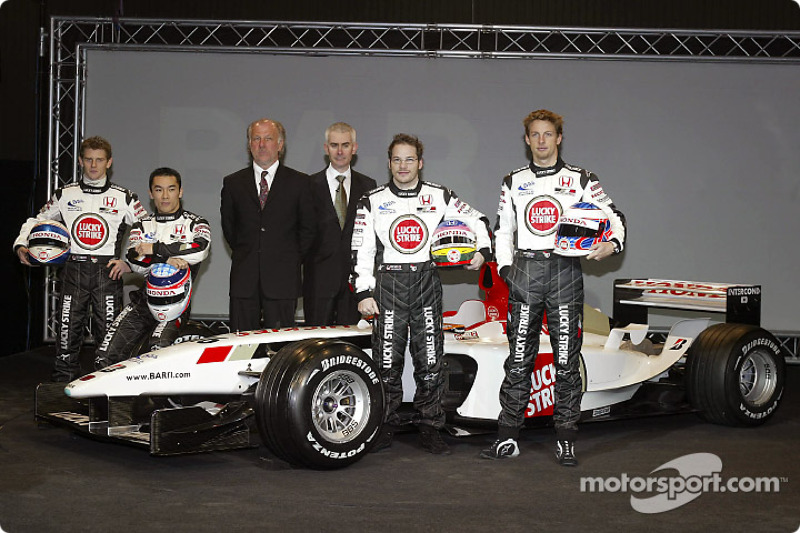 Anthony Davidson, Takuma Sato, David Richards, Geoffrey Willis, Jenson Button and Jacques Villeneuve