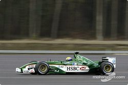 Mark Webber drives the new Jaguar R4 during a shakedown test at Ford's Proving Ground in Lommel, Belgium