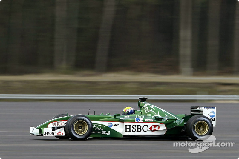 Mark Webber drives the new Jaguar R4 during a shakedown test at Ford's Proving Ground in Lommel, Bel