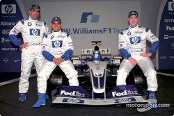 Test driver Marc Gene, Ralf Schumacher, Juan Pablo Montoya, and the new BMW Williams F1 FW25