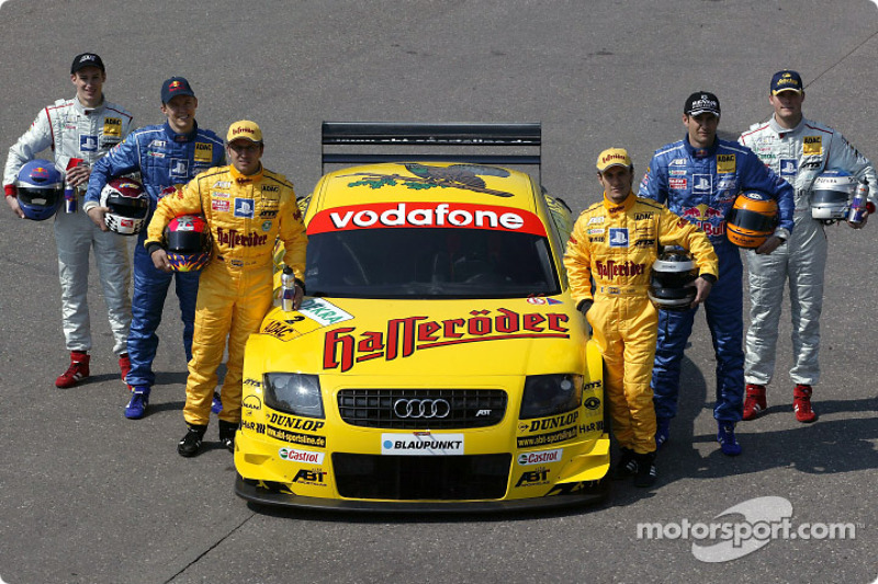 The 2003 DTM Abt-Audi drivers: Laurent Aiello, Christian Abt, Mattias Ekström, Karl Wendlinger, Martin Tomczyk and Peter Terting