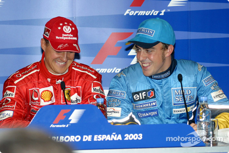 Press conference: pole winner Michael Schumacher with Fernando Alonso