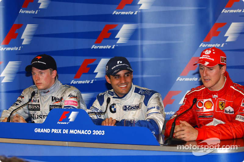 Conferencia de prensa: ganador de la carrera Montoya con Kimi Raikkonen y Michael Schumacher