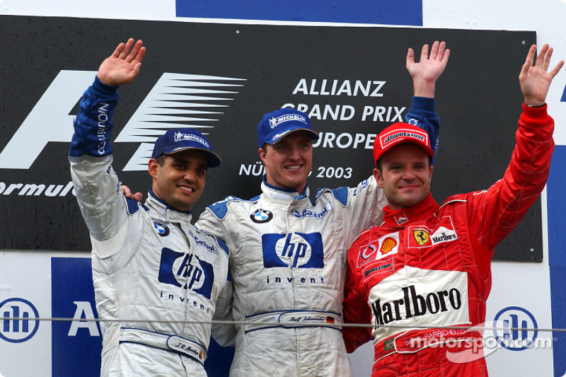 Podium : le vainqueur Ralf Schumacher, Juan Pablo Montoya et Rubens Barrichello