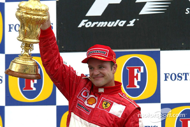 The podium: race winner Rubens Barrichello