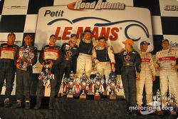 LMP 900 podium: class and overall winners Johnny Herbert and JJ Lehto, with Olivier Beretta, David Saelens, Max Papis, and Frank Biela, Marco Werner