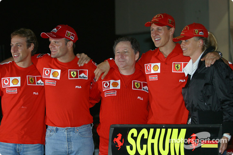 Michael Schumacher, Rubens Barrichello, Jean Todt, Luca Badoer and Schumacher's wife Corrina