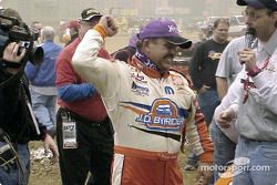 Danny Lasoski celebrates his triumph in Wednesday night's 18th Annual O'Reilly Chili Bowl Midget Nationals 25-lap qualifying feature