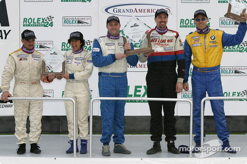 ST podium: class winners John Schmitt and Mike Liebl, with Anita Sangi and Neal Sapp, Will Turner and Don Salama