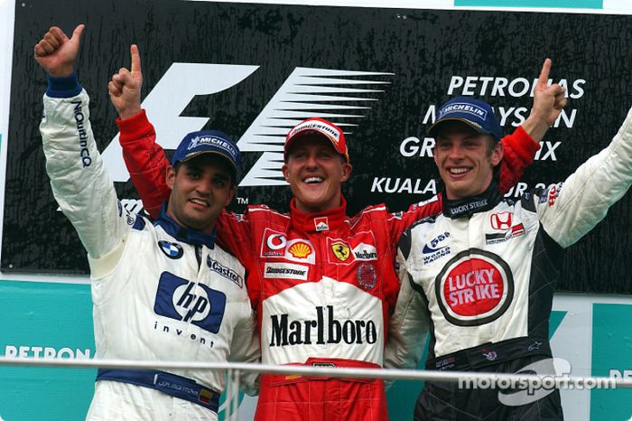 Podio: ganador de la carrera Michael Schumacher; Juan Pablo Montoya el segundo lugar y tercer lugar Jenson Button