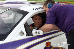 Kevin Harvick talks to one of the IROC crew chiefs