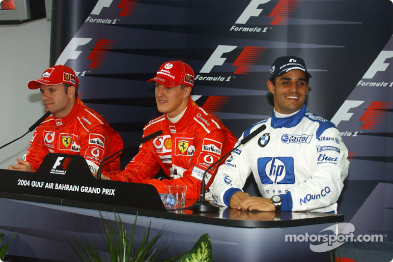 Post-qualifying press conference: pole winner Michael Schumacher with Rubens Barrichello and Juan Pa