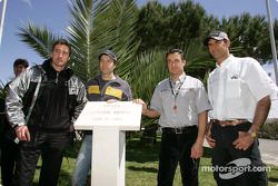 Bernd Schneider, Heinz-Harald Frentzen, Jean Alesi and Emanuele Pirro pay tribute to Ayrton Senna at the inauguration of the 'Ayrton Senna Square' in Estoril