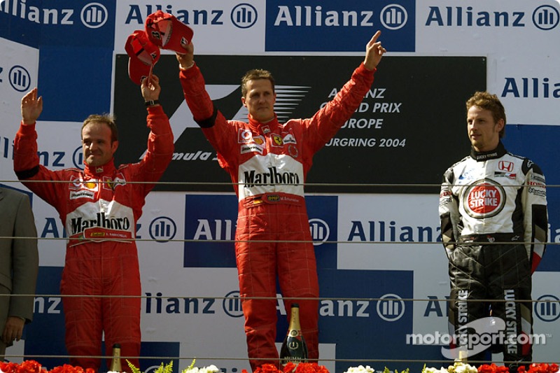 2004: 1. Michael Schumacher, 2. Rubens Barrichello, 3. Jenson Button