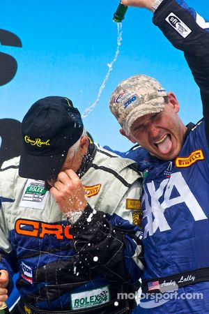 GT podium: class winners Andy Lally and RJ Valentine celebrate