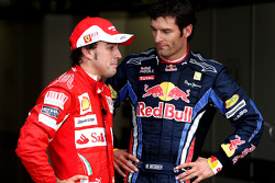 Derde plaats Fernando Alonso, Scuderia Ferrari, 2de Mark Webber, Red Bull Racing