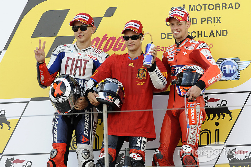 Podium: race winner Dani Pedrosa, Repsol Honda Team, second place Jorge Lorenzo, Fiat Yamaha Team, third place Casey Stoner, Ducati Marlboro Team