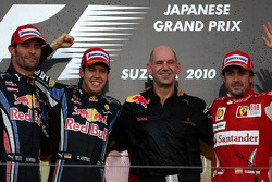 Podium: race winner Sebastian Vettel, Red Bull Racing, second place Mark Webber, third place Fernando Alonso, Scuderia Ferrari, with Red Bull Racing Adrian Newey, Red Bull Racing, Technical Operations Director