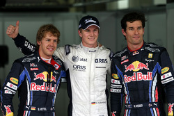 Pole winner Nico Hulkenberg, Williams F1 Team, with second place Sebastian Vettel, Red Bull Racing and third place Mark Webber, Red Bull Racing