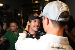 Michael Schumacher, Mercedes GP congratulates Sebastian Vettel, Red Bull Racing
