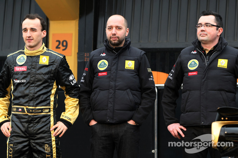 Robert Kubica, Lotus Renault GP, Gerard Lopez, Lotus Renault GP owner and Eric Boullier, Team Principal, Lotus Renault GP