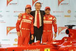 Fernando Alonso, Luca di Montezemolo, Felipe Massa en la presentación del Ferrari F150