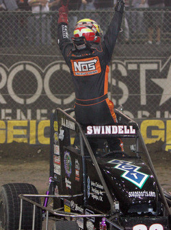 Kevin Swindell celebrates winning the Lucas Oil 25th Chili Bowl