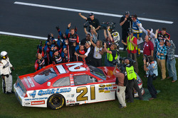 Race winner Trevor Bayne, Wood Brothers Racing Ford celebrates