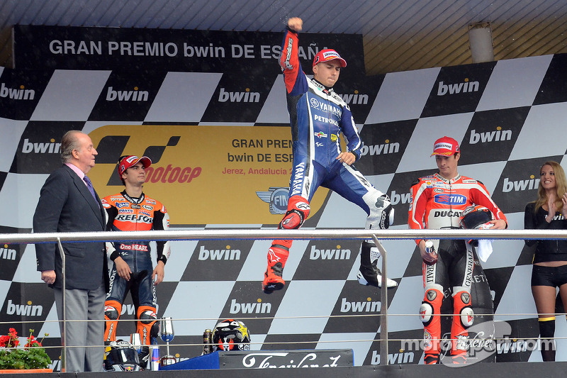 Podio: ganador de la carrera Jorge Lorenzo, Yamaha Factory Racing, segundo lugar Dani Pedrosa, Repsol Honda Team, tercer lugar Nicky Hayden, de Ducati Team