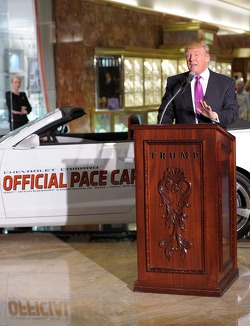 Donald Trump checks out his new ride as the 2011 Indianapolis 500 Chevrolet Camaro SS Convertible Pace Car driver for the 100th Anniversary of the Indianapolis 500