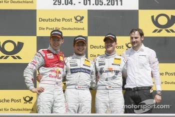 Podium: second place Mattias Ekstrom, Audi Sport Team Abt, Audi A4 DTM, race winner Bruno Spengler, Team HWA AMG Mercedes, AMG Mercedes C-Klasse, third place Ralf Schumacher, Team HWA AMG Mercedes, AMG Mercedes C-Klasse