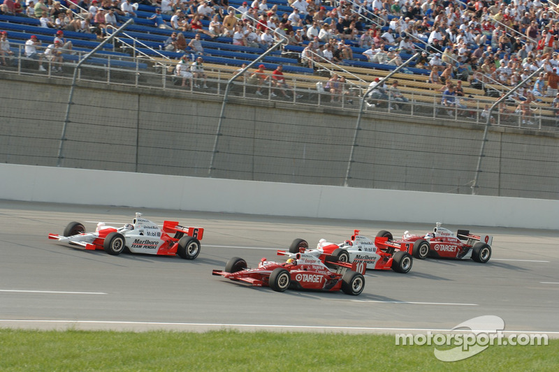 Sam Hornish Jr., Dan Wheldon and Helio Castroneves