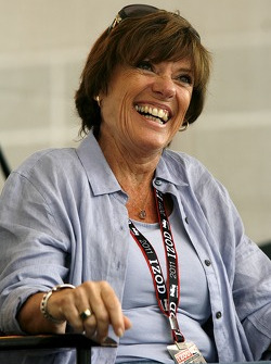 Lyn St. James speaks to fellow drivers during a question and answer period at the Indianapolis Motor Speedway on Bump Day