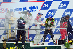 LMP1 podium: race winners Marcel Fässler, Andre Lotterer, Benoit Tréluyer, second place Pedro Lamy, Simon Pagenaud, Sébastien Bourdais, third place Nicolas Minassian, Franck Montagny and Olivier Quesnel