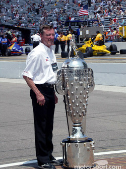 Three-time Indy 500 winner Johnny Rutherford with the Borg-Warner Trophy