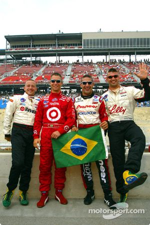 The Ronaldo look: The CART Brazilian drivers Cristiano da Matta, Bruno Junqueira, Tony Kanaan and Christian Fittipaldi celebrating Brazil's victory at the World Cup