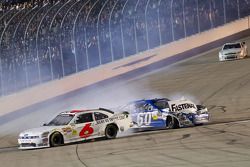 Ricky Stenhouse Jr. blows an engine on the last lap as second place, Carl Edwards slams into the rear of the car, pushing Ricky passed the checkered flag