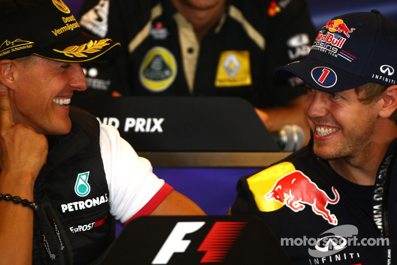 basın toplantısı: Michael Schumacher, Mercedes GP ve Sebastian Vettel, Red Bull Racing