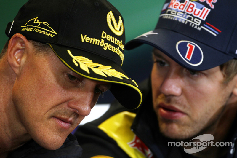 basın toplantısı: Michael Schumacher, Mercedes GP ve Sebastian Vettel, Red Bull Racing