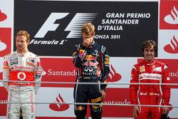 Podium: race winner Sebastian Vettel, Red Bull Racing, second place Jenson Button, McLaren Mercedes, third place Fernando Alonso, Scuderia Ferrari