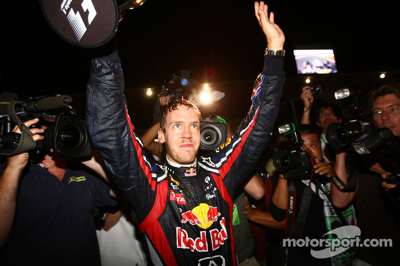 Sebastian Vettel, Red Bull Racing new world champion celebrates with the team