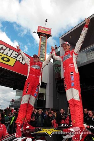 Race winners Garth Tander and Nick Percat celebrate