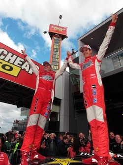 Race winners Garth Tander and Nick Percat celebrate
