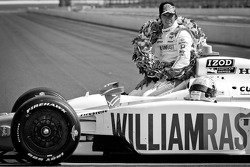 2011 Indy 500 race winner Dan Wheldon, Bryan Herta Autosport with Curb / Agajanian celebrates during the Monday photoshoot