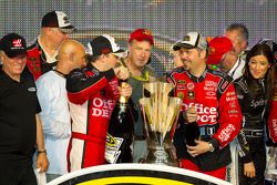 Victory lane: NASCAR Sprint Cup Series 2011 champion Tony Stewart, Stewart-Haas Racing Chevrolet celebrates with crew chief Darian Grubb