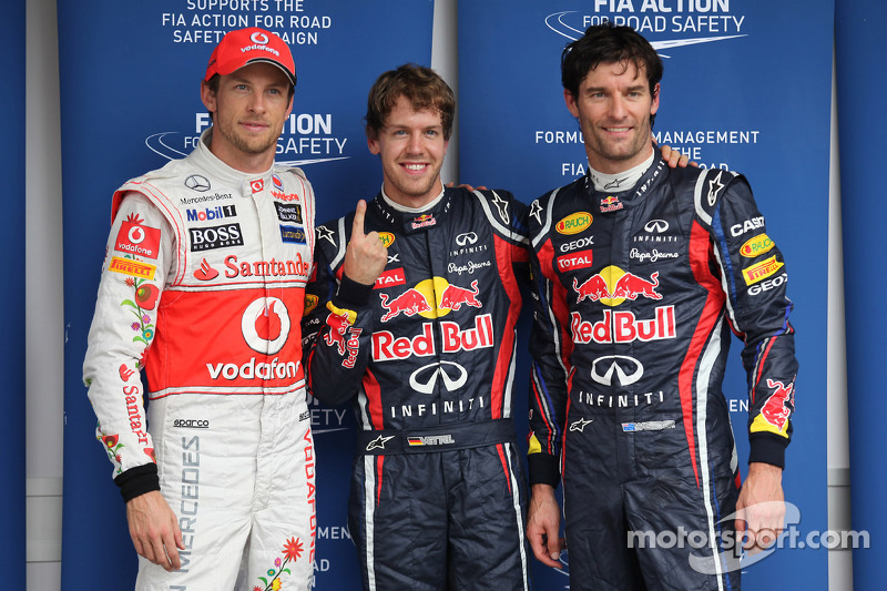 Sebastian Vettel, Red Bull Racing gets pole position and with Jenson Button, McLaren Mercedes and Ma