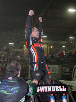 Kevin Swindell celebrates winning the 26th Lucas Oil Chili Bowl