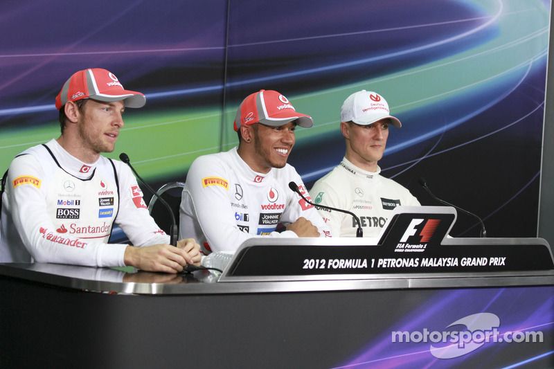 Michael Schumacher, Mercedes GP, Lewis Hamilton, Mclaren Mercedes and Jenson Button, Mclaren Mercedes