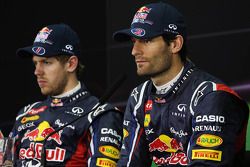 Sebastian Vettel, Red Bull Racing ve takım arkadaşı Mark Webber, Red Bull Racing FIA basın toplantıs